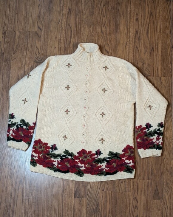 Sweaters - VTG LL Bean Women M 100% Wool Cable Knit Mock Neck Sweater Christmas Cottagecore